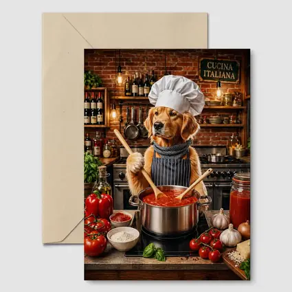 Golden Retriever Chef Cooking Italian Tomato Sauce