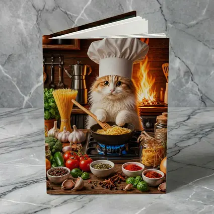 Chef Cat Cooking Pasta in Rustic Kitchen