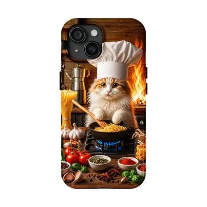 Chef Cat Cooking Pasta in Rustic Kitchen