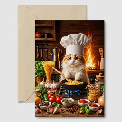 Chef Cat Cooking Pasta in Rustic Kitchen