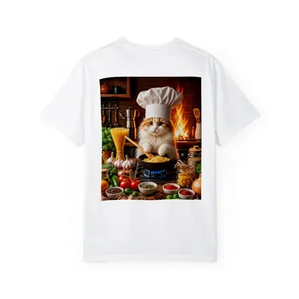 Chef Cat Cooking Pasta in Rustic Kitchen
