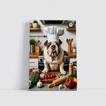 English Bulldog Chef Hat Kitchen Cooking Scene