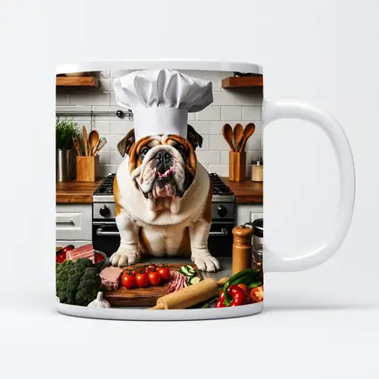 English Bulldog Chef Hat Kitchen Cooking Scene