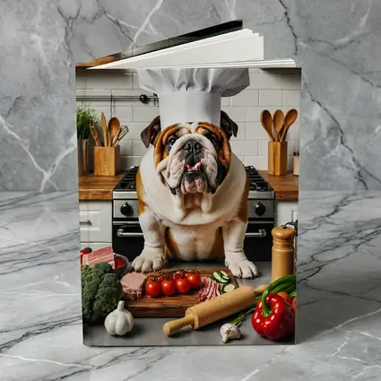 English Bulldog Chef Hat Kitchen Cooking Scene