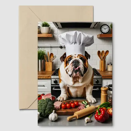 English Bulldog Chef Hat Kitchen Cooking Scene