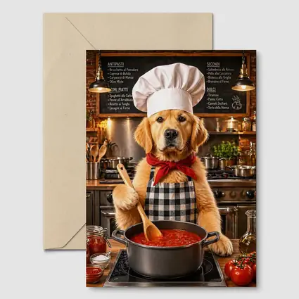 Golden Retriever Chef Cooking Italian Kitchen