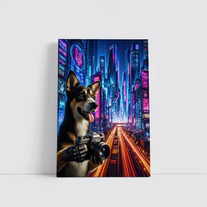 Corgi Photographer Neon Cyberpunk City Night
