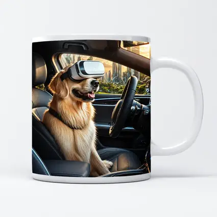 Golden Retriever Wearing VR Headset In Car