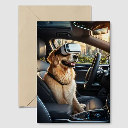 Golden Retriever Wearing VR Headset In Car
