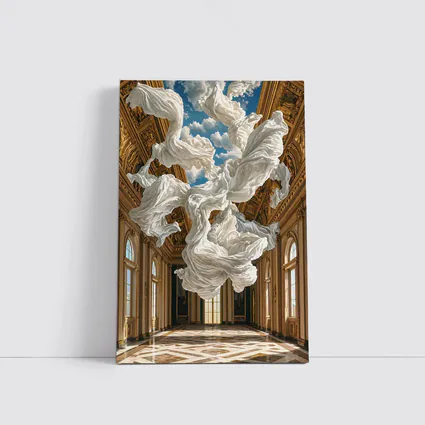 White Fabric Floating In Baroque Palace Hall