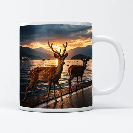 Deer Stags By Lake At Sunset