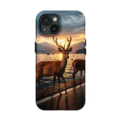 Deer Stags By Lake At Sunset