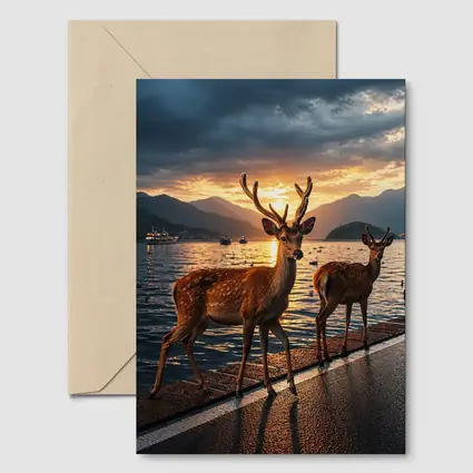 Deer Stags By Lake At Sunset