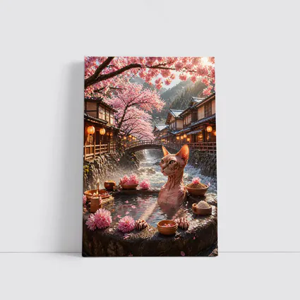 Sphynx Cat Relaxing Japanese Sakura Hot Spring