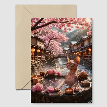 Sphynx Cat Relaxing Japanese Sakura Hot Spring