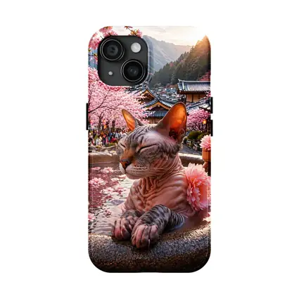 Devon Rex Cat Japanese Hot Spring Cherry Blossoms