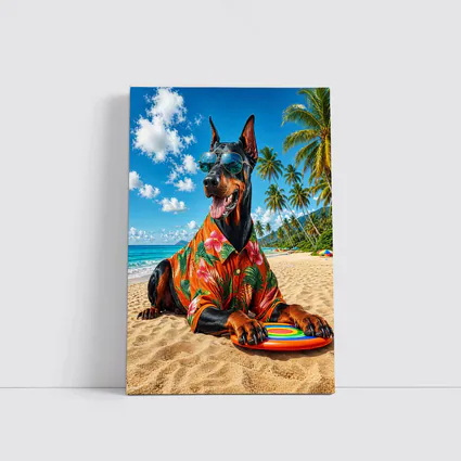 Doberman Pinscher Relaxing on Tropical Beach