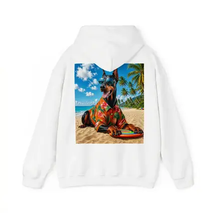Doberman Pinscher Relaxing on Tropical Beach