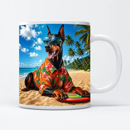 Doberman Pinscher Relaxing on Tropical Beach