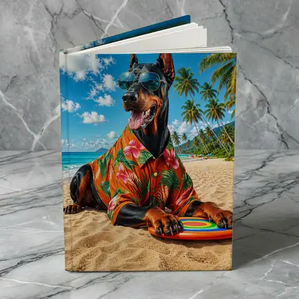 Doberman Pinscher Relaxing on Tropical Beach