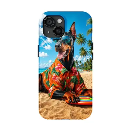 Doberman Pinscher Relaxing on Tropical Beach