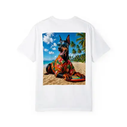 Doberman Pinscher Relaxing on Tropical Beach