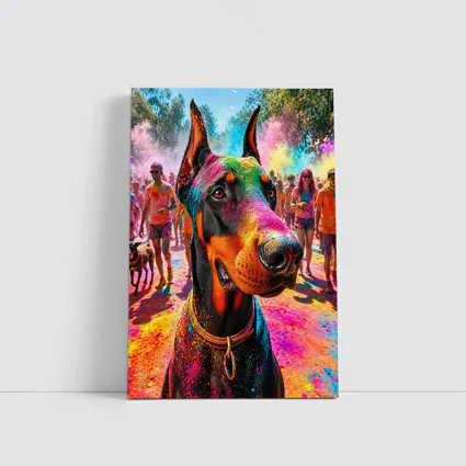 Doberman Dog at Colorful Holi Festival