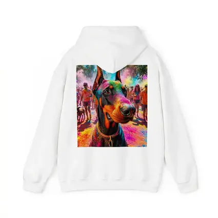Doberman Dog at Colorful Holi Festival