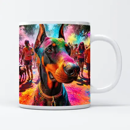 Doberman Dog at Colorful Holi Festival