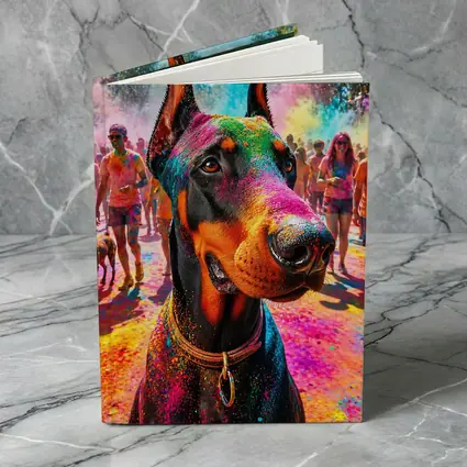 Doberman Dog at Colorful Holi Festival