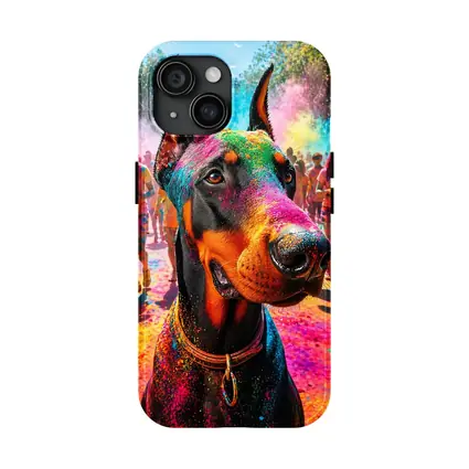 Doberman Dog at Colorful Holi Festival