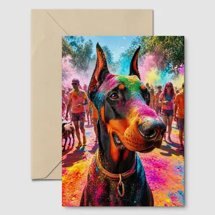 Doberman Dog at Colorful Holi Festival