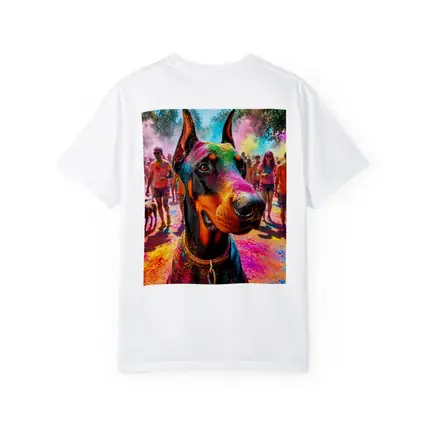 Doberman Dog at Colorful Holi Festival