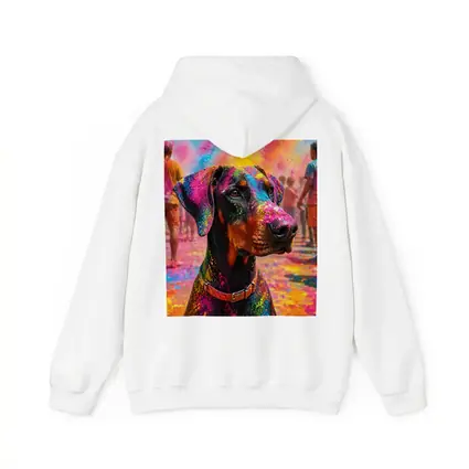 Doberman Covered in Holi Festival Colors