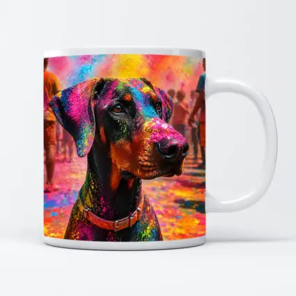 Doberman Covered in Holi Festival Colors