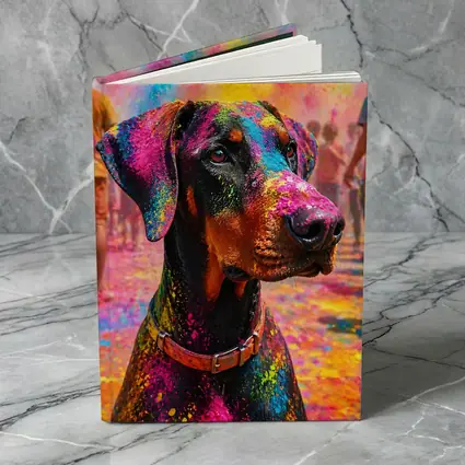 Doberman Covered in Holi Festival Colors