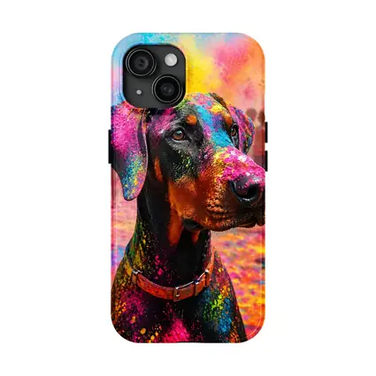 Doberman Covered in Holi Festival Colors