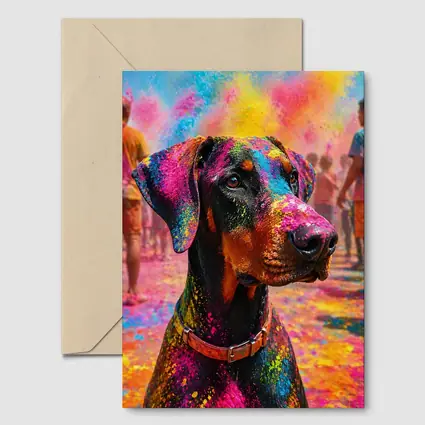 Doberman Covered in Holi Festival Colors