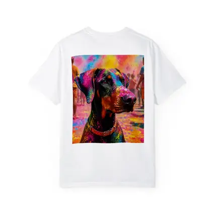 Doberman Covered in Holi Festival Colors