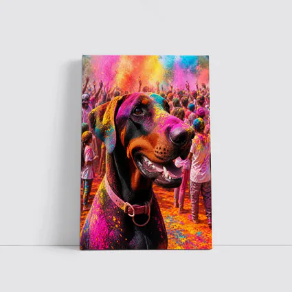 Doberman Pinscher At Colorful Holi Festival