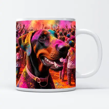 Doberman Pinscher At Colorful Holi Festival