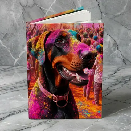Doberman Pinscher At Colorful Holi Festival