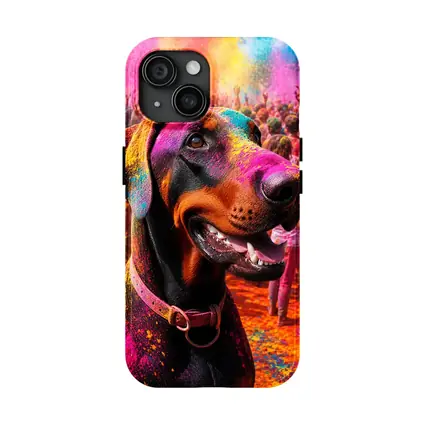 Doberman Pinscher At Colorful Holi Festival