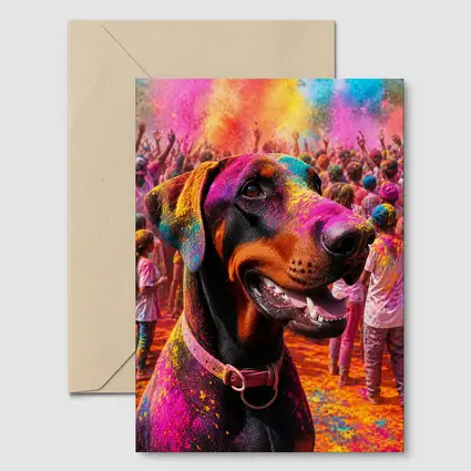 Doberman Pinscher At Colorful Holi Festival