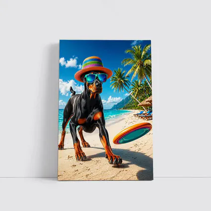 Doberman Pinscher Playing Frisbee Tropical Beach