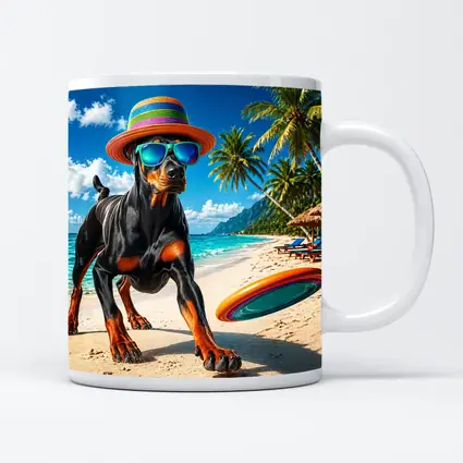 Doberman Pinscher Playing Frisbee Tropical Beach