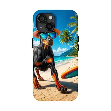 Doberman Pinscher Playing Frisbee Tropical Beach