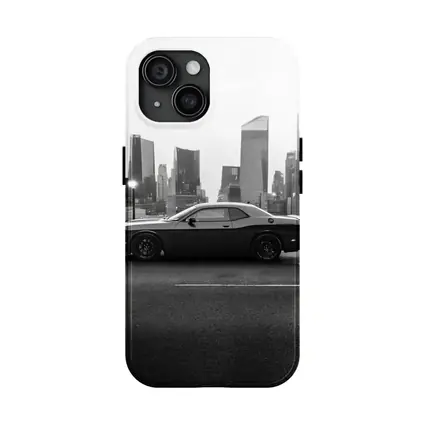 Dodge Challenger Black White City Skyline