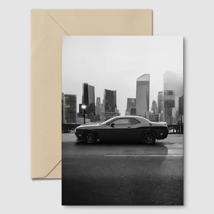 Dodge Challenger Black White City Skyline