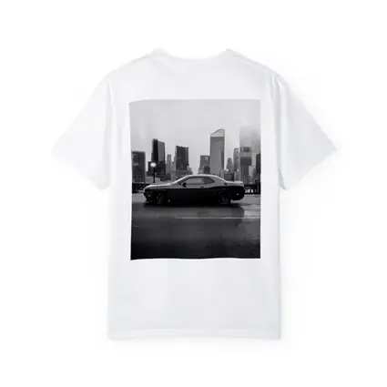 Dodge Challenger Black White City Skyline